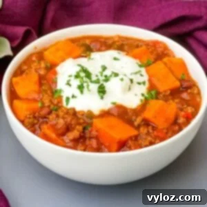 sweet potato chili in a white bowl