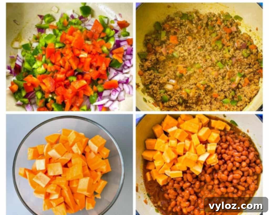 collage photo showing how to saute onions and pepper with ground beef and then how to add in cut sweet potatoes