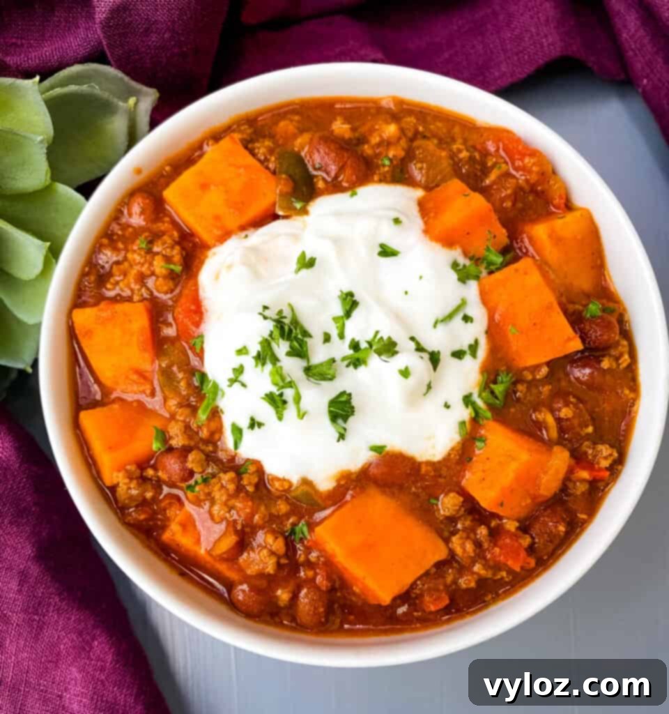 sweet potato chili in a white bowl