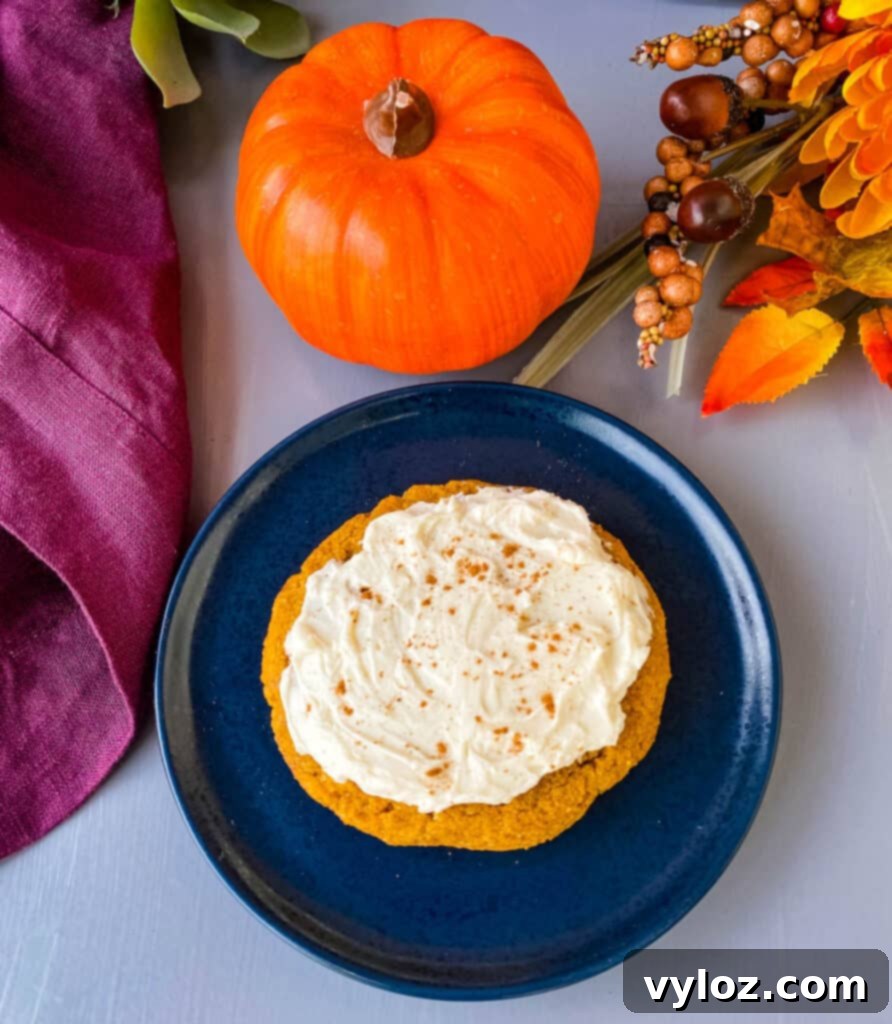 Guilt-Free Pumpkin Spice Cookies 2 keto pumpkin cookies with cream cheese frosting and cinnamon on a blue plate
