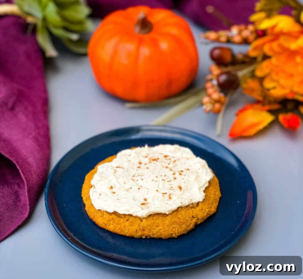Guilt-Free Pumpkin Spice Cookies 15 keto pumpkin cookies with cream cheese frosting and cinnamon on a blue plate