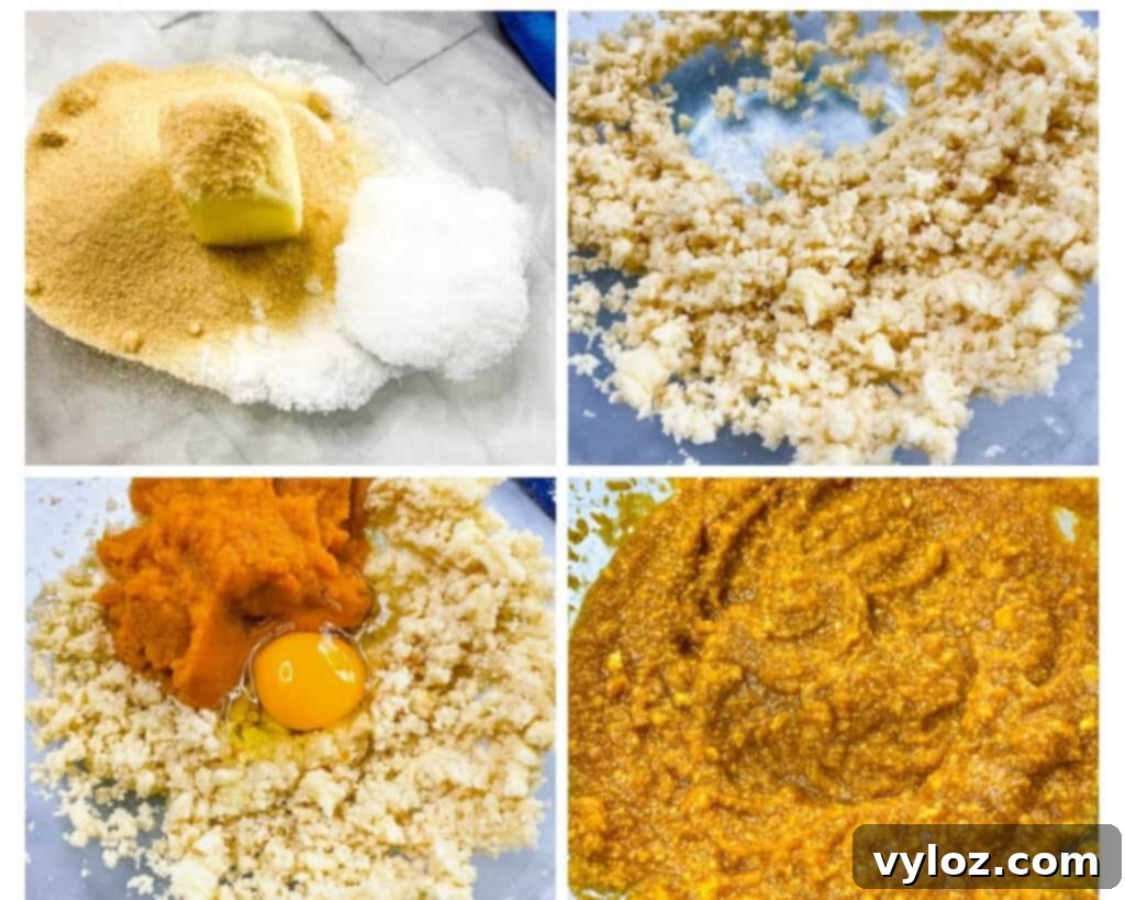 Guilt-Free Pumpkin Spice Cookies 5 a collage photo with 4 pictures showing how to make keto pumpkin cookies with butter and sweetener beaten in a bowl with an egg and pumpkin