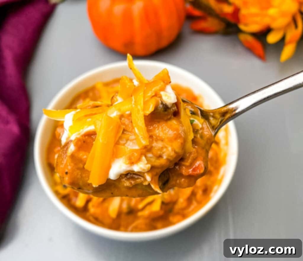 Autumnal Pumpkin Chicken Chili 12 A close-up of a spoon scooping a rich serving of pumpkin chicken chili from a white bowl, showcasing the hearty texture and inviting warmth of the dish.