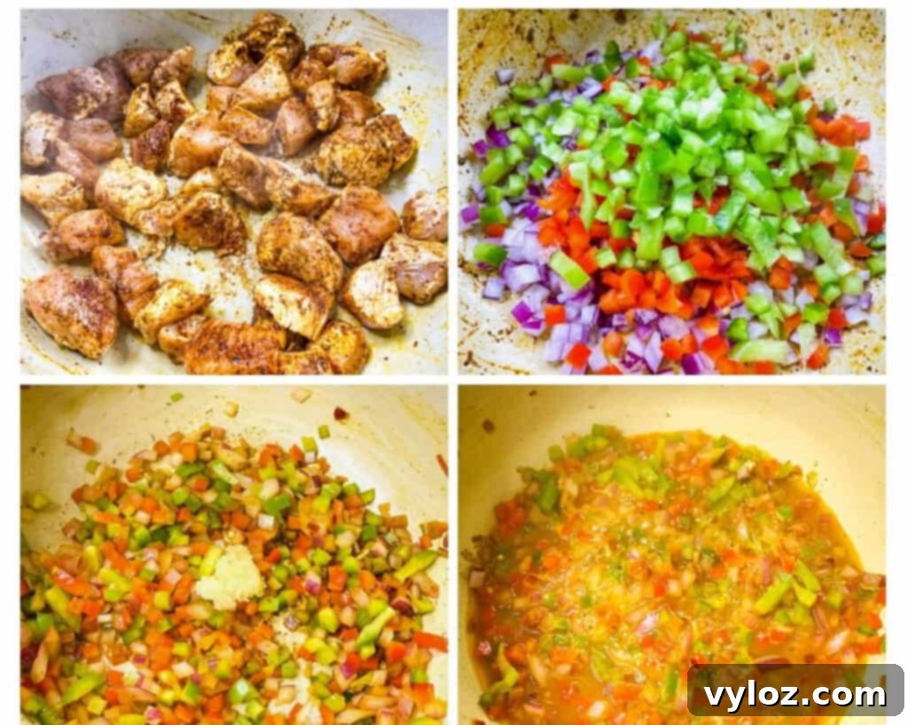 Autumnal Pumpkin Chicken Chili 5 A visual collage showcasing the step-by-step process of making pumpkin chicken chili, featuring images of raw chicken cubes searing in a Dutch oven, and a vibrant mix of chopped green and red bell peppers and onions sautéing in the pot.