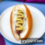 air fryer brats on a hotdog bun with mustard and onions