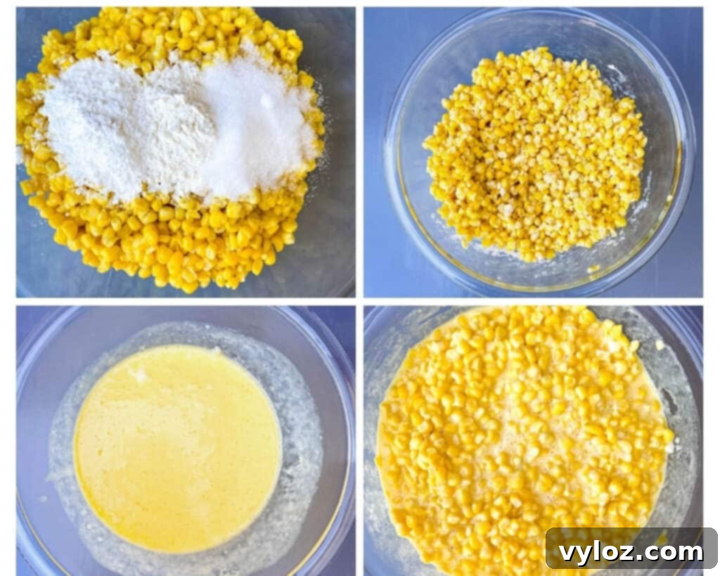 A collage of four photos illustrating the step-by-step process of making scalloped corn in glass bowls, from mixing ingredients to preparing the dish for baking.