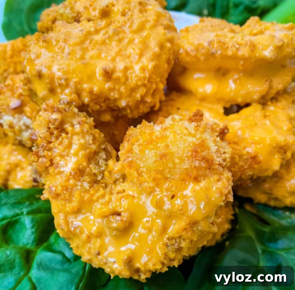 a piece of breaded buffalo shrimp on a bed of lettuce