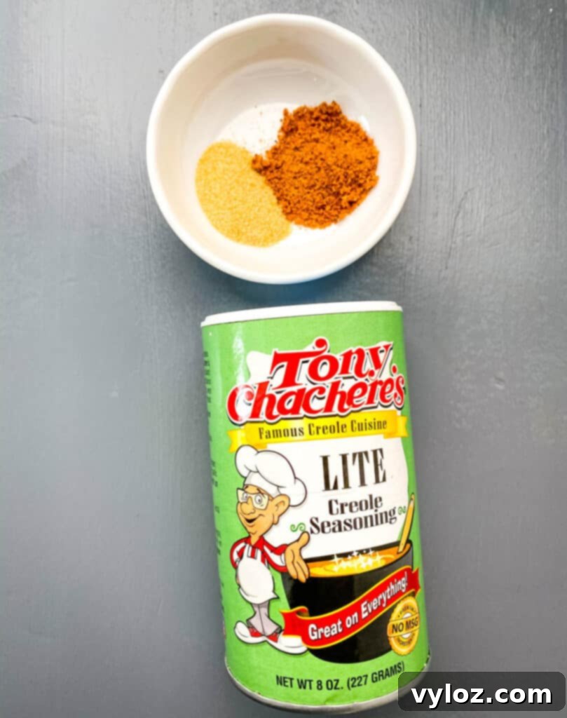 Tony Chachere's Lite Creole Seasoning in its distinctive green and yellow packaging.