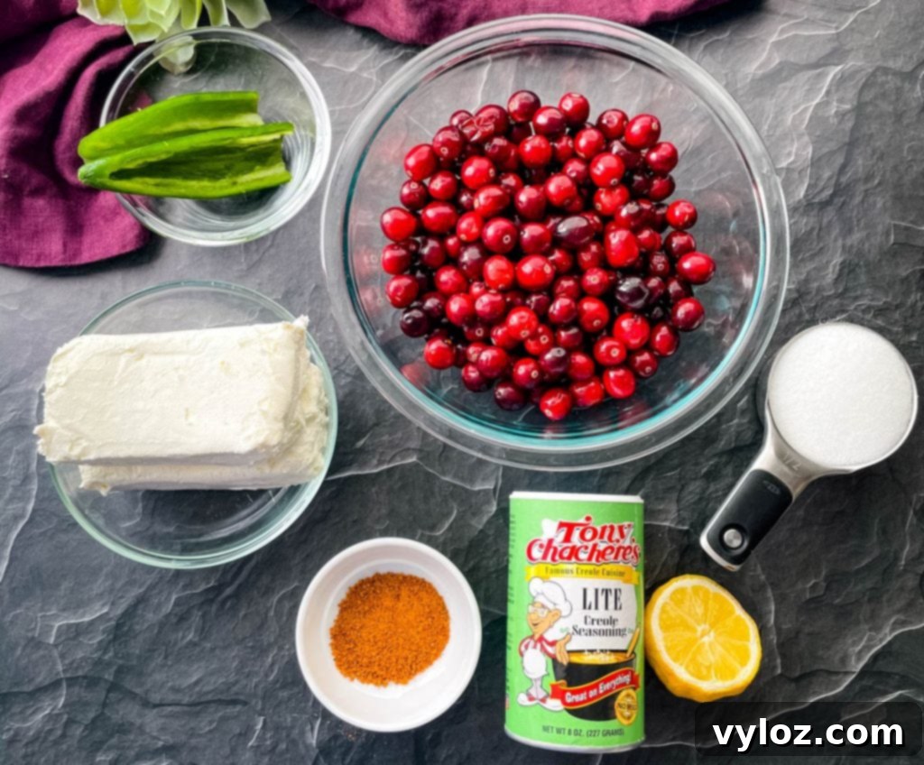 Assorted ingredients for Cranberry Jalapeno Dip: fresh cranberries, creamy cream cheese, natural sweetener, and robust Creole seasoning, neatly arranged in separate bowls.