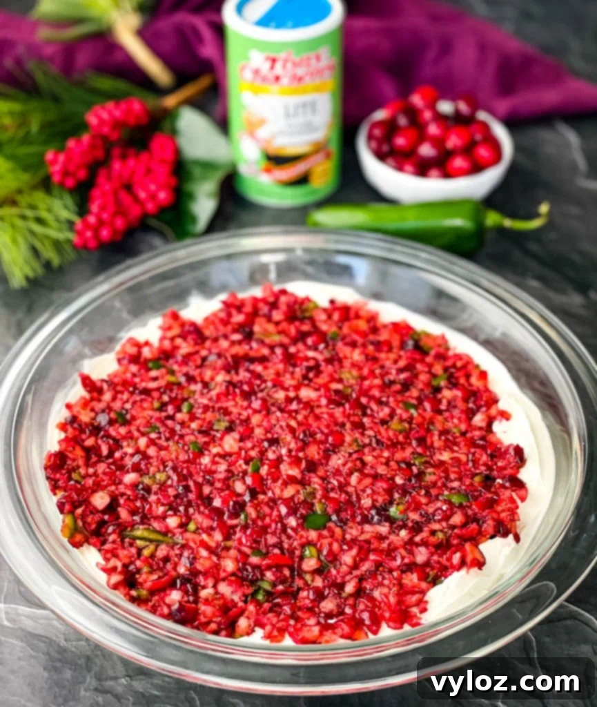 Close-up of the delicious Cranberry Jalapeno Dip with cream cheese in a glass serving bowl, highlighting its creamy texture.