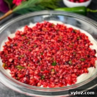 Beautifully presented Cranberry Jalapeno Dip in a glass bowl, showcasing its festive and creamy appearance.