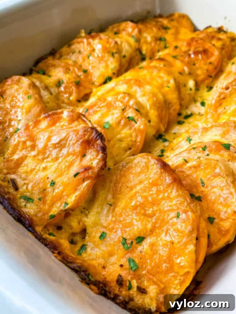 au gratin sweet potatoes in a red baking dish