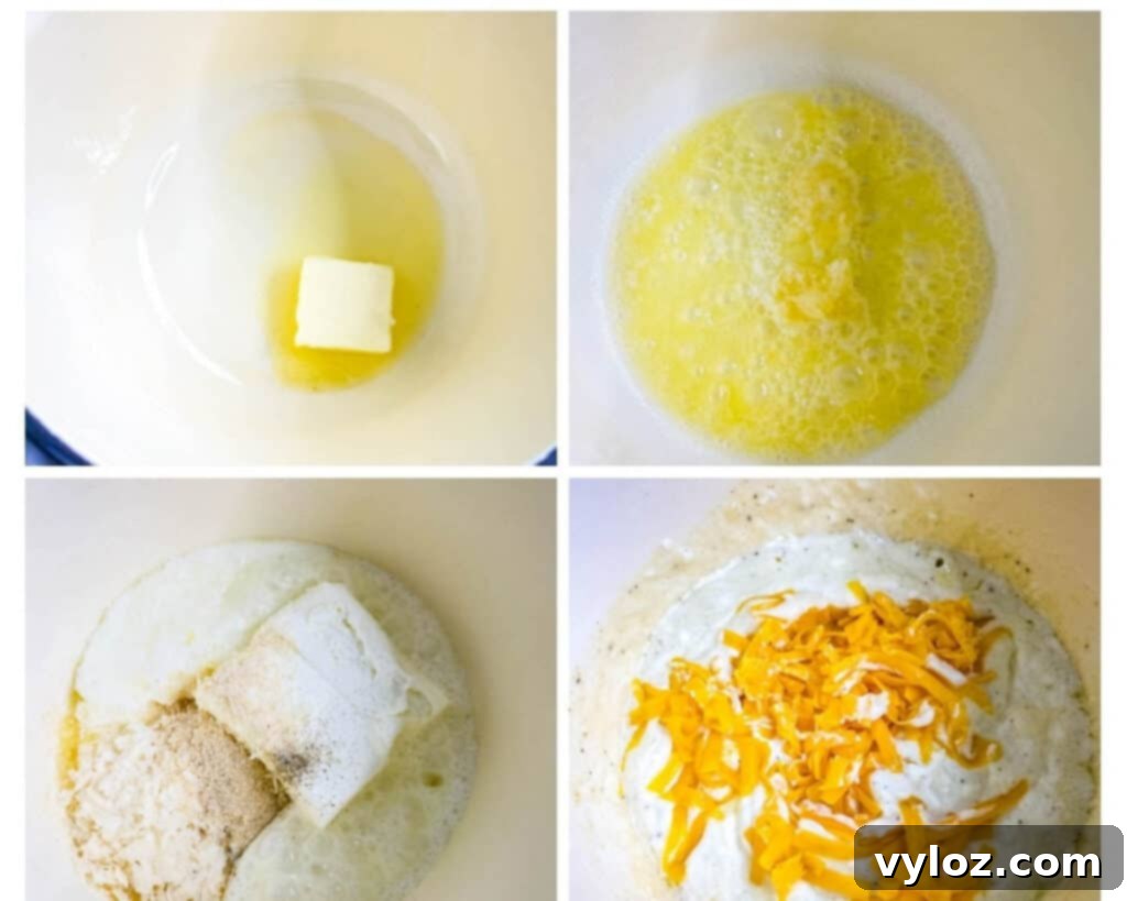 collage photo of 4 photos showing how to melt butter and cheese in a saucepan