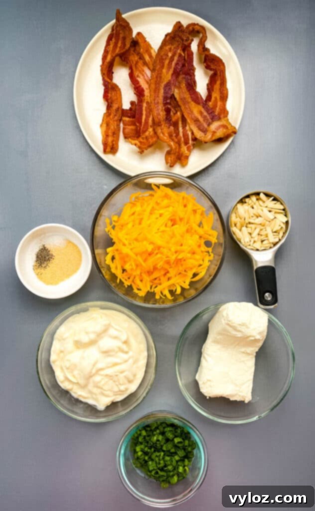 Ingredients for Million Dollar Dip displayed separately: cooked bacon, shredded cheese, cream cheese, mayonnaise, green onions, and slivered almonds.