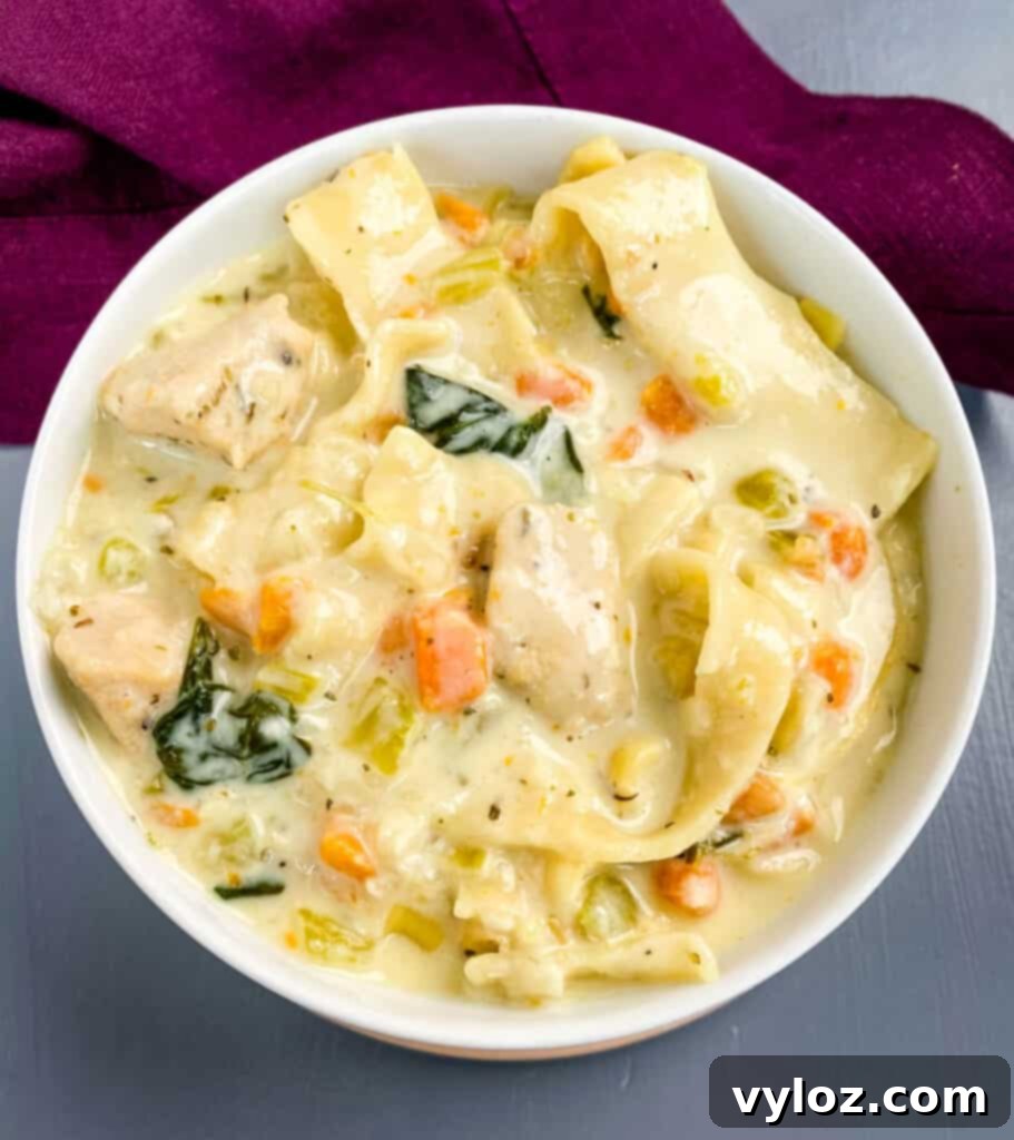 A steaming bowl of Creamy Chicken Lasagna Soup, elegantly served in a white bowl, ready to be enjoyed.