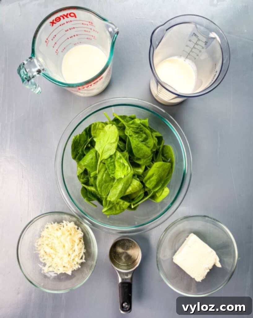 Separate bowls displaying heavy cream, milk, fresh spinach, shredded Parmesan cheese, dry white wine, and cream cheese – the rich, creamy elements of the soup.