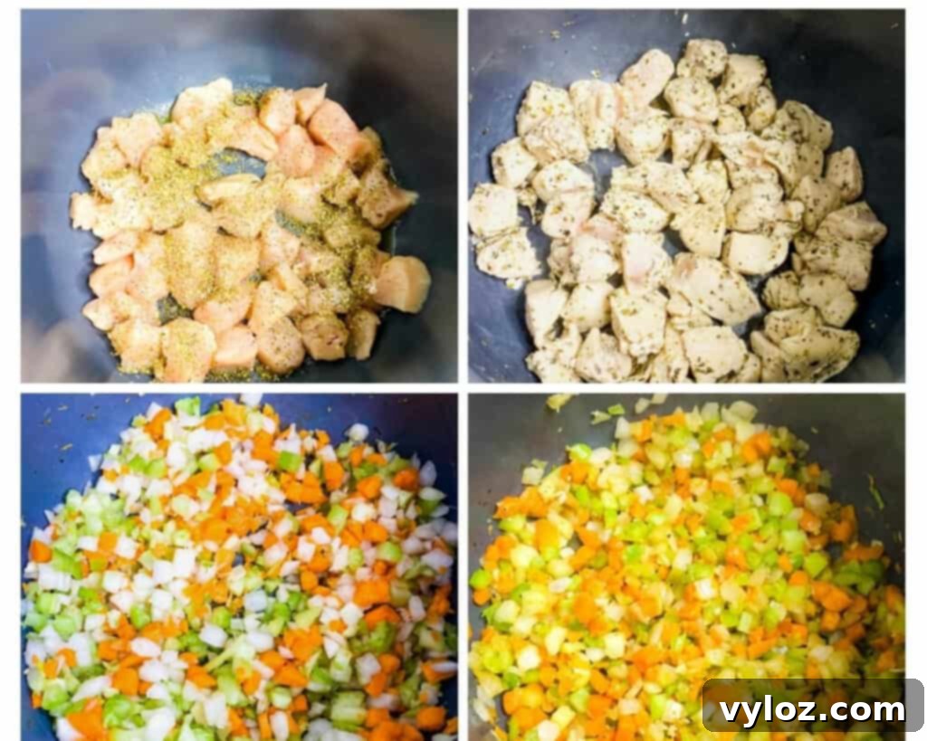 A collage of photos demonstrating the initial steps of making chicken lasagna soup, including browning chicken breasts and sautéing a colorful mix of vegetables.