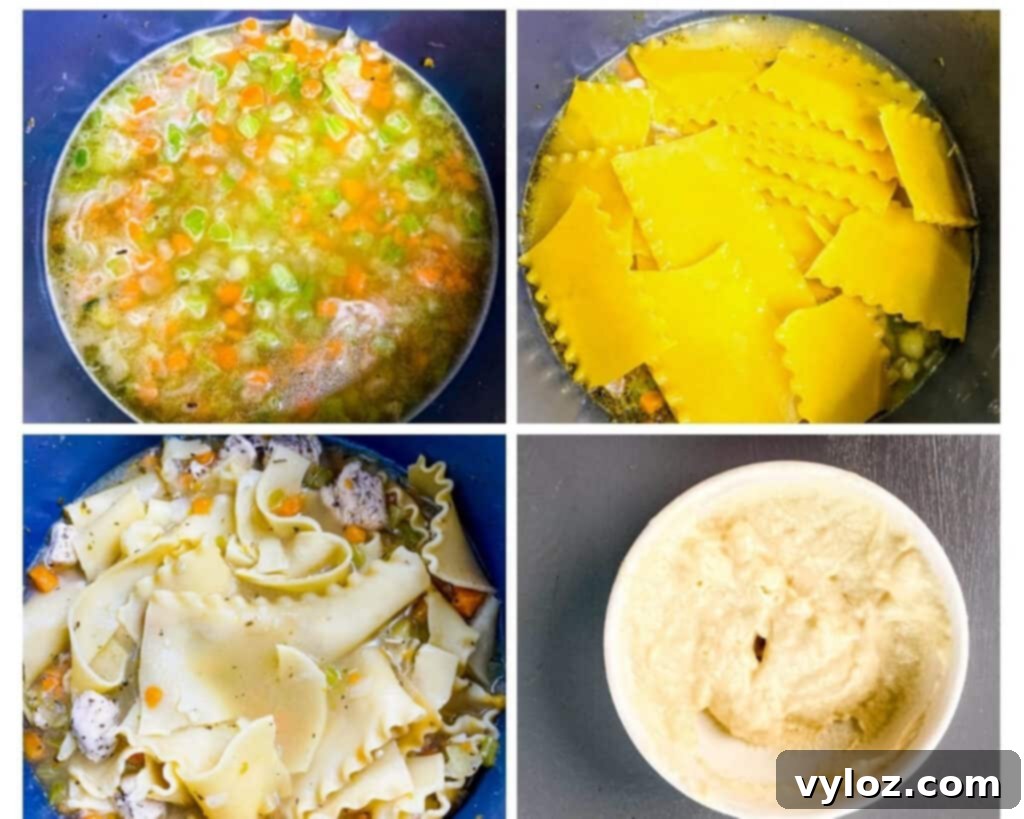 A collage showing the creamy chicken lasagna soup in various stages of preparation within a large pot, including the addition of broth, cream, and lasagna noodles.