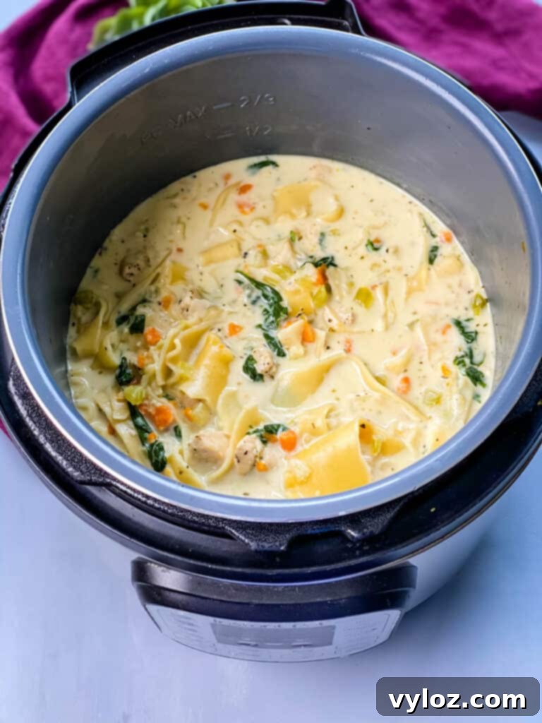 Close-up shot of Creamy Chicken Lasagna Soup simmering in an Instant Pot, showcasing its rich texture before serving.