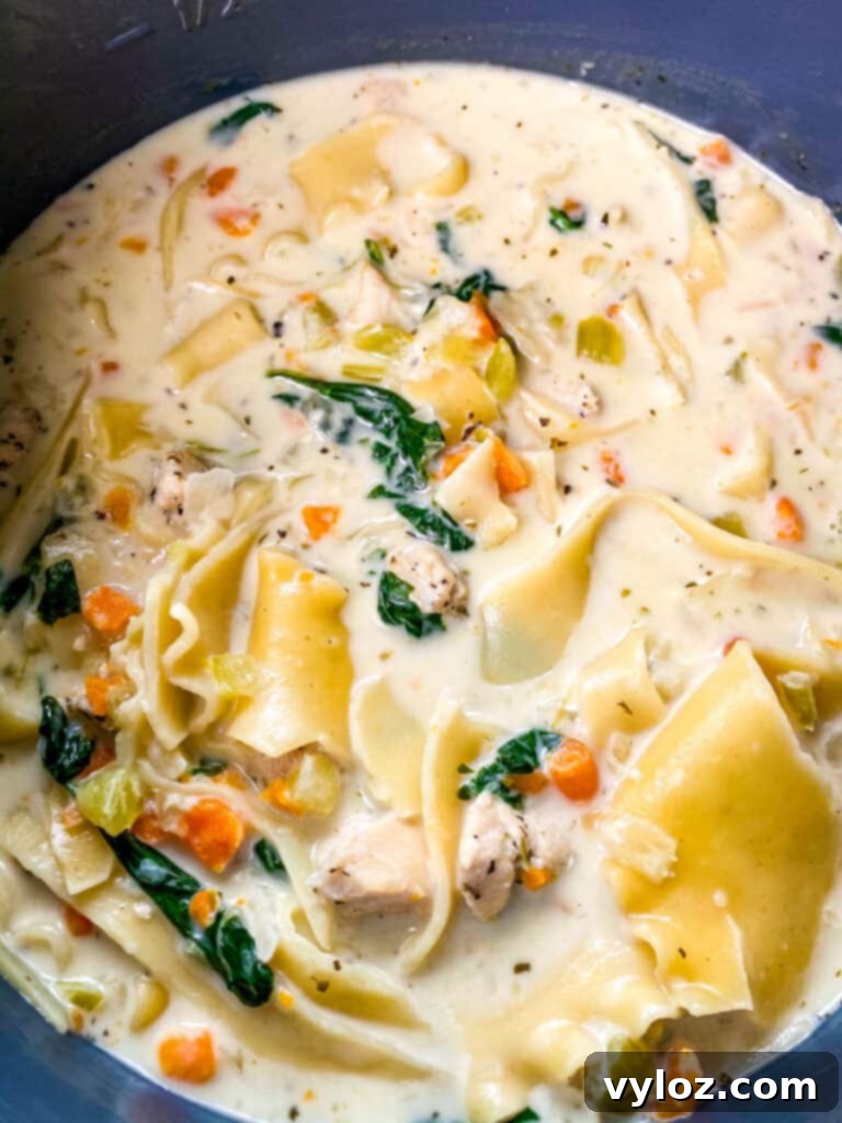 Another perspective of Creamy Chicken Lasagna Soup, ready to be served from an Instant Pot.