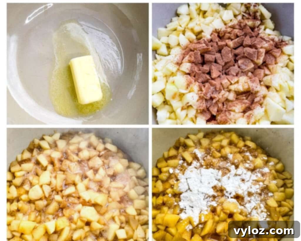 a collage photo of 4 photos demonstrating how to make apple pie filling, melted butter and sliced apples in a Dutch oven