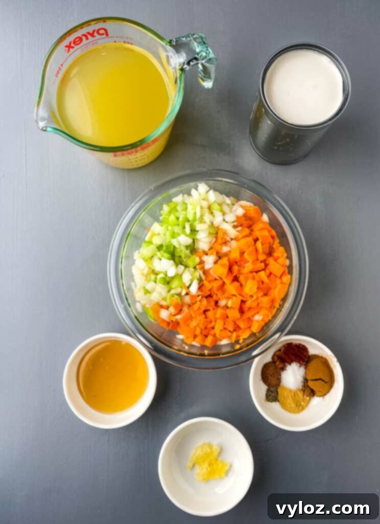 broth, coconut milk, carrots, celery, onions, cinnamon, honey, and garlic in separate bowls on a flat surface