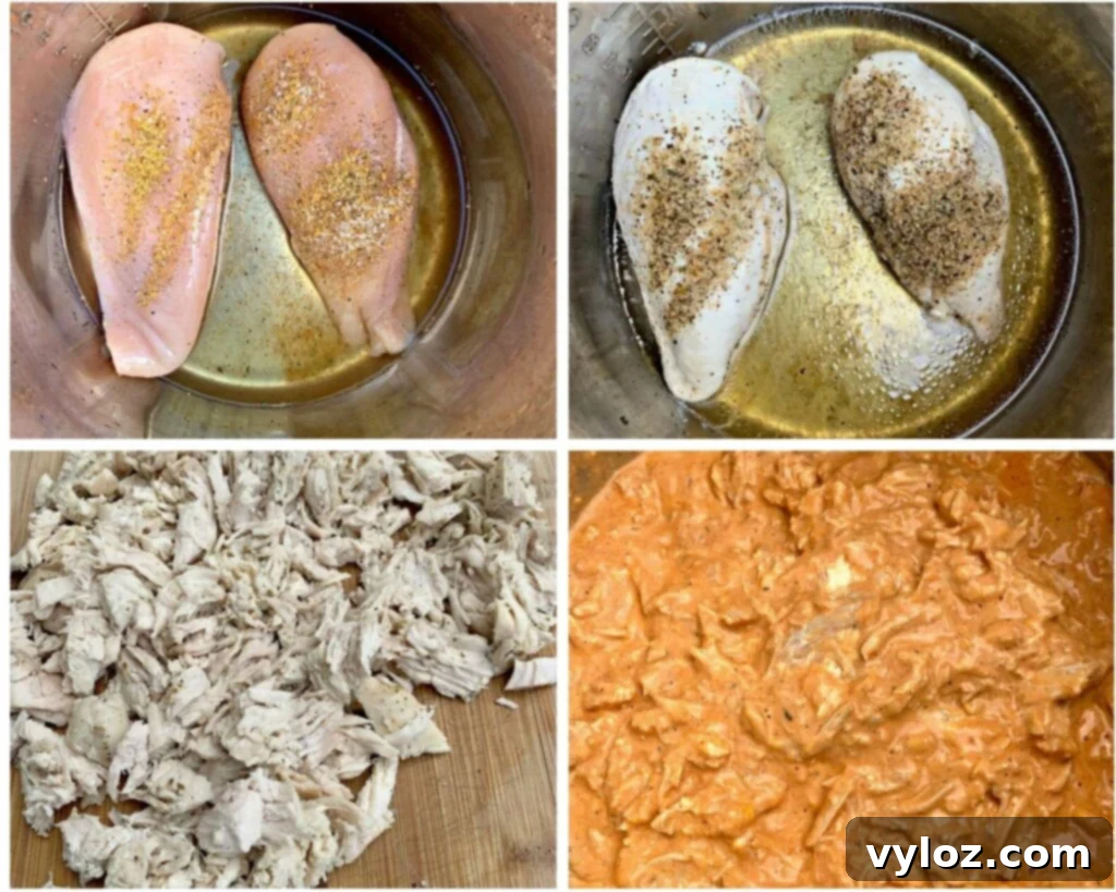 collage photo of chicken breasts with buffalo sauce ingredients for a delicious dip