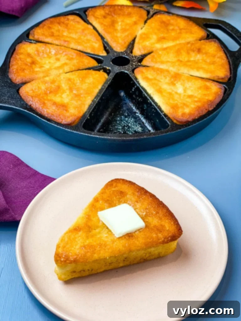 honey cornbread in a cast iron skillet with a slice of cornbread on a plate with butter