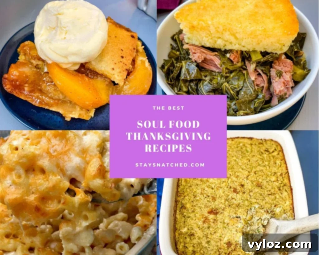 A vibrant collage featuring classic soul food Thanksgiving dishes: golden peach cobbler, tender collard greens, a slice of cornbread, savory cornbread dressing, and creamy baked mac and cheese.