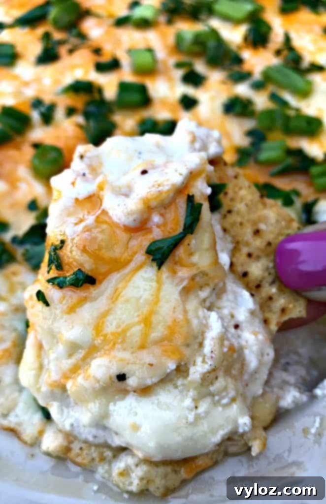 person holding a bite of hot crab dip with a chip