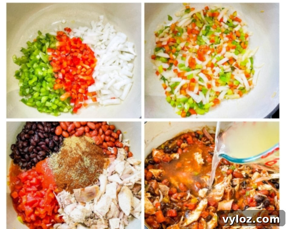 collage photo of 4 photos showing how to make leftover turkey chili in a Dutch oven