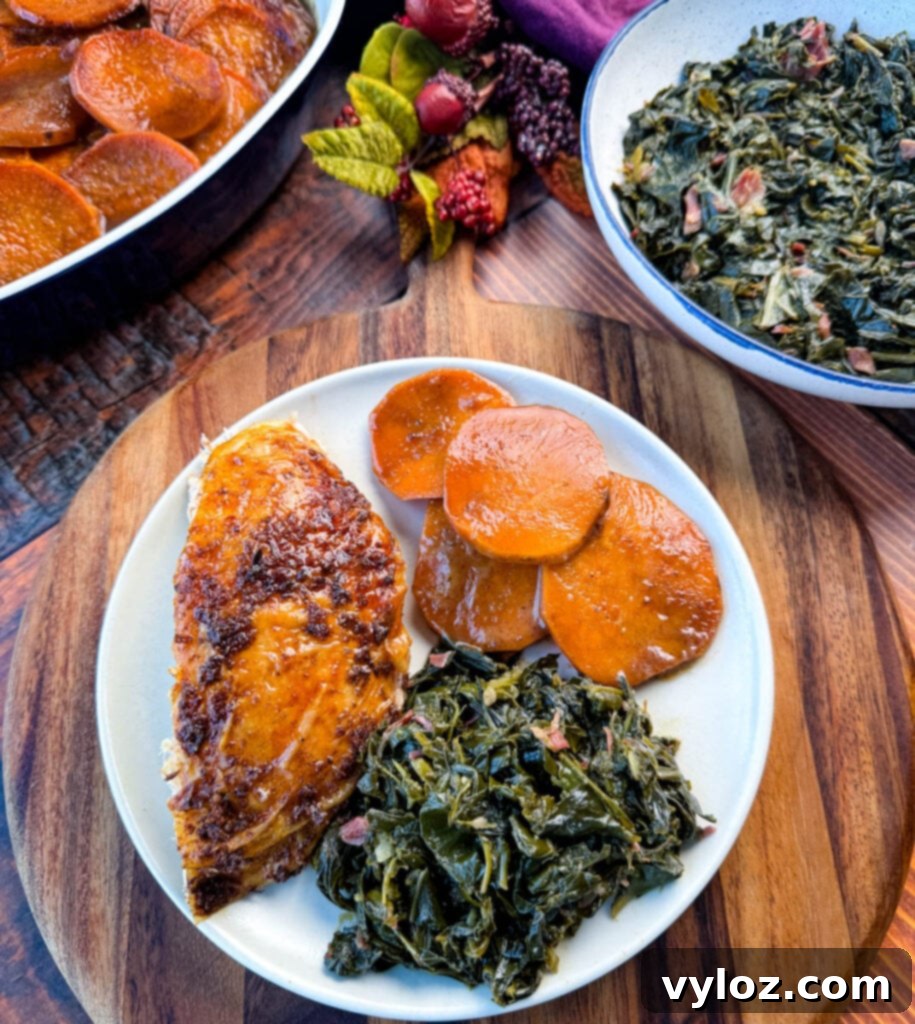 Cajun turkey on a plate with gravy, collard greens, and candied sweet potatoes