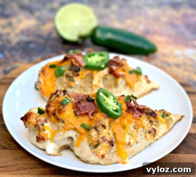 keto low carb jalapeno popper hasselback chicken on a white plate, garnished with fresh cilantro