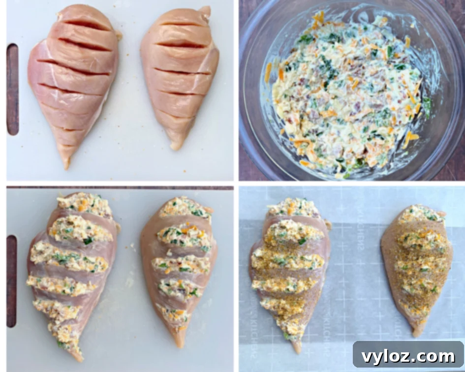 collage photo of raw chicken breasts with hasselback cuts, stuffed with jalapeno popper filling
