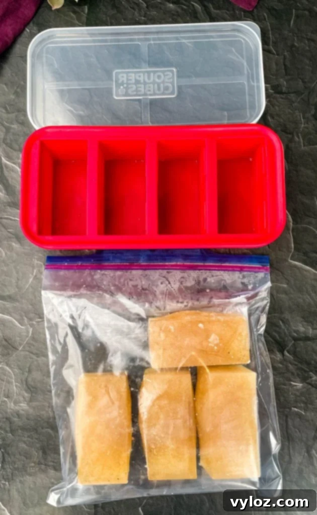 Rich Homemade Turkey Broth 9 Frozen turkey bone broth blocks in silicone souper cube molds.