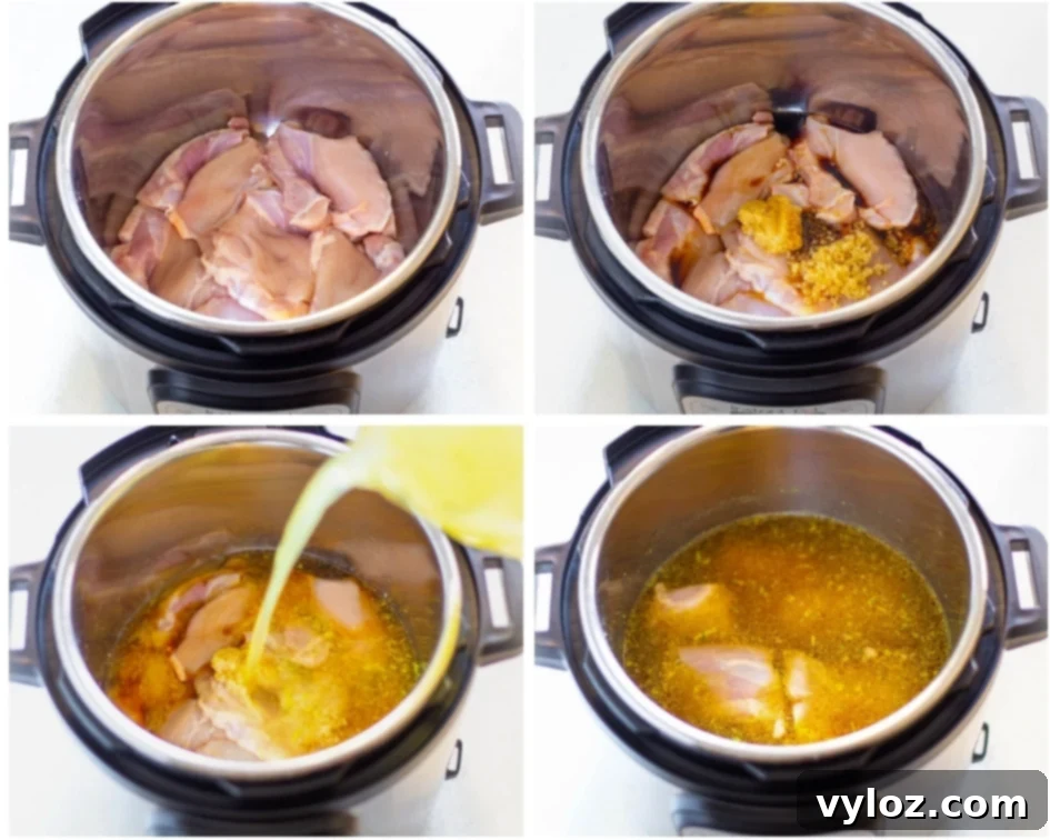 Collage photos showing how to add raw chicken thighs into an Instant Pot, ready for cooking.