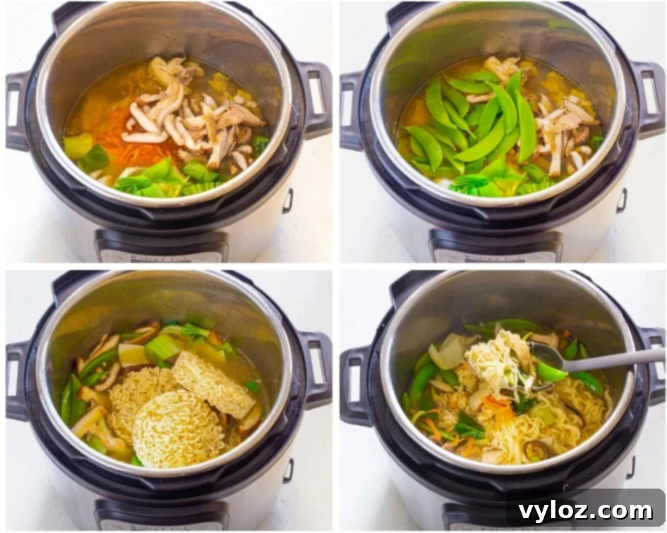Collage photo demonstrating the process of adding fresh vegetables like bok choy and snap peas to Instant Pot ramen.