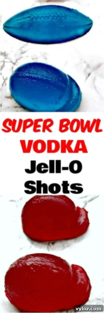 Super Bowl Vodka Jell-O Shots cocktail with no added sugar are fun, football mold jello-shots perfect for game day, tailgates, parties, or any event. #GameDay #SuperBowl #Shots #Cocktails Colorful Super Bowl Jell-O shots in football and helmet shapes, perfect for game day