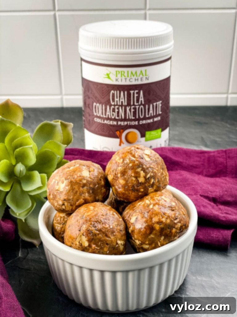 A close-up of delicious Chai Almond Butter Protein Balls in a white bowl, ready to be enjoyed.
