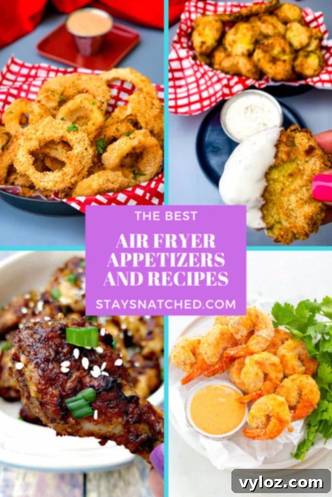 30 Quick and Delicious Air Fryer Appetizers 2 A vibrant spread of various crispy air fryer appetizer recipes, including golden fries, succulent wings, and savory snacks, perfect for any party or gathering.