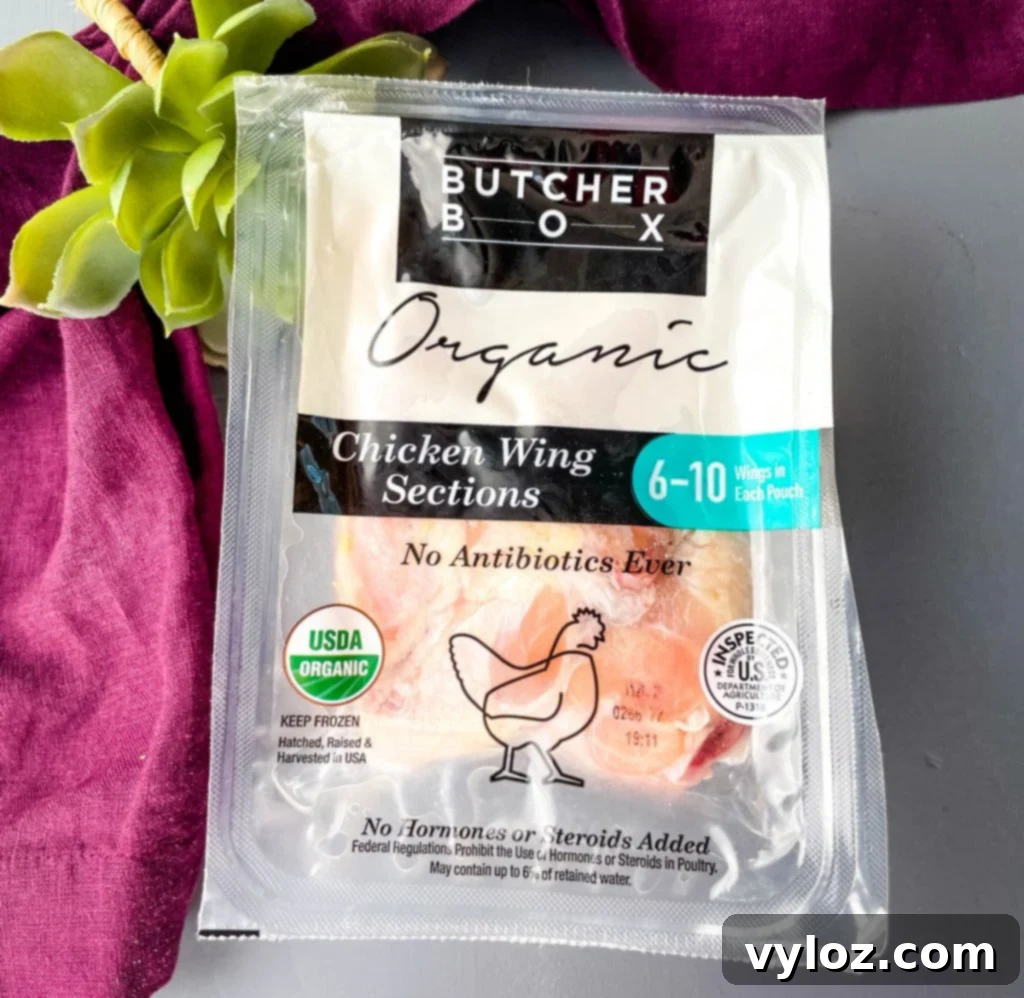 Frozen chicken wings in packaging, ready for the air fryer