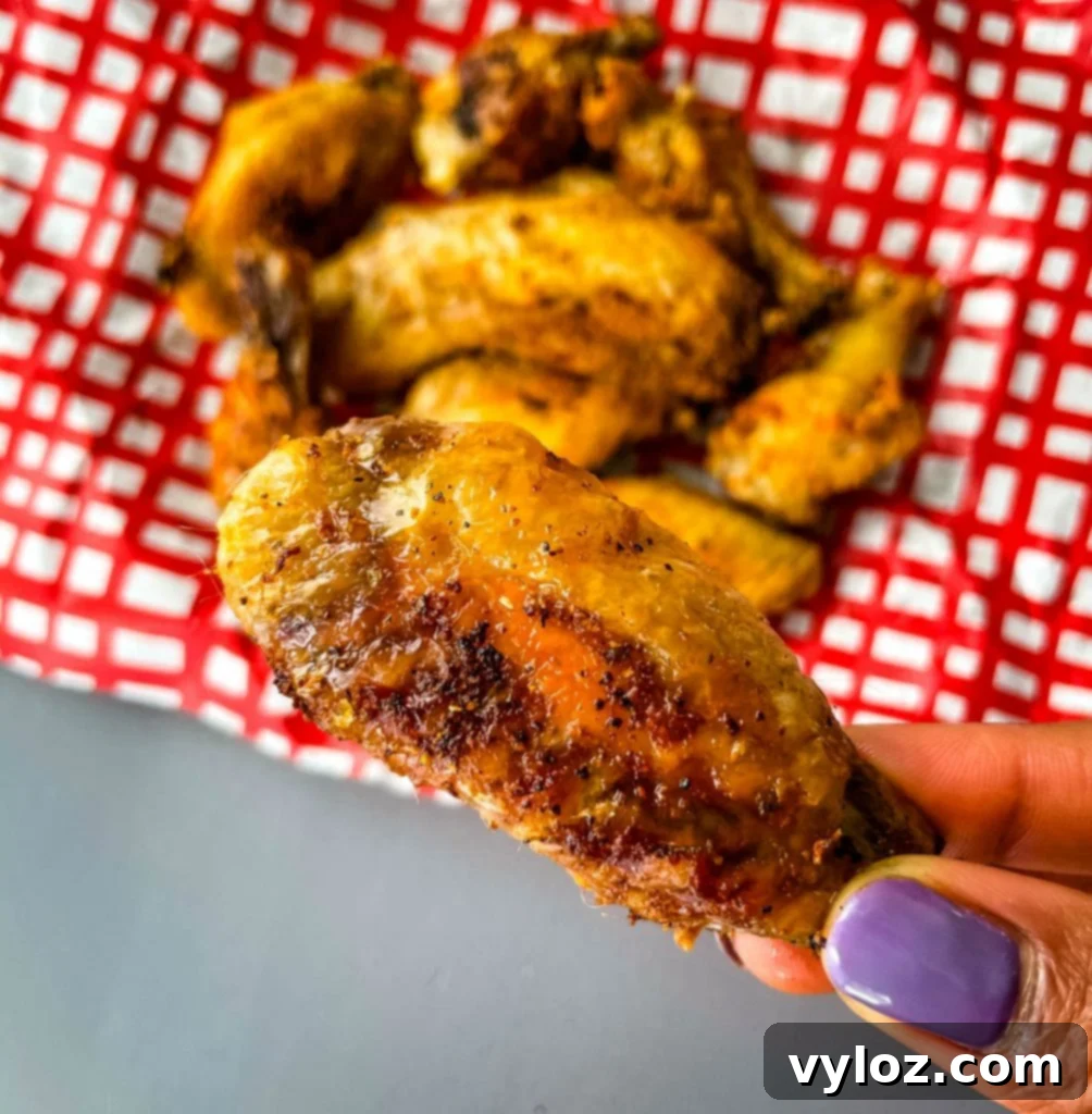 Person holding a perfectly crispy air fryer chicken wing