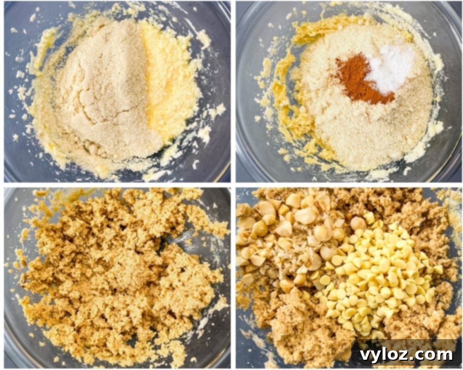 collage photo of 4 photos showing how to make keto cookie dough with almond flour and batter in a glass bowl