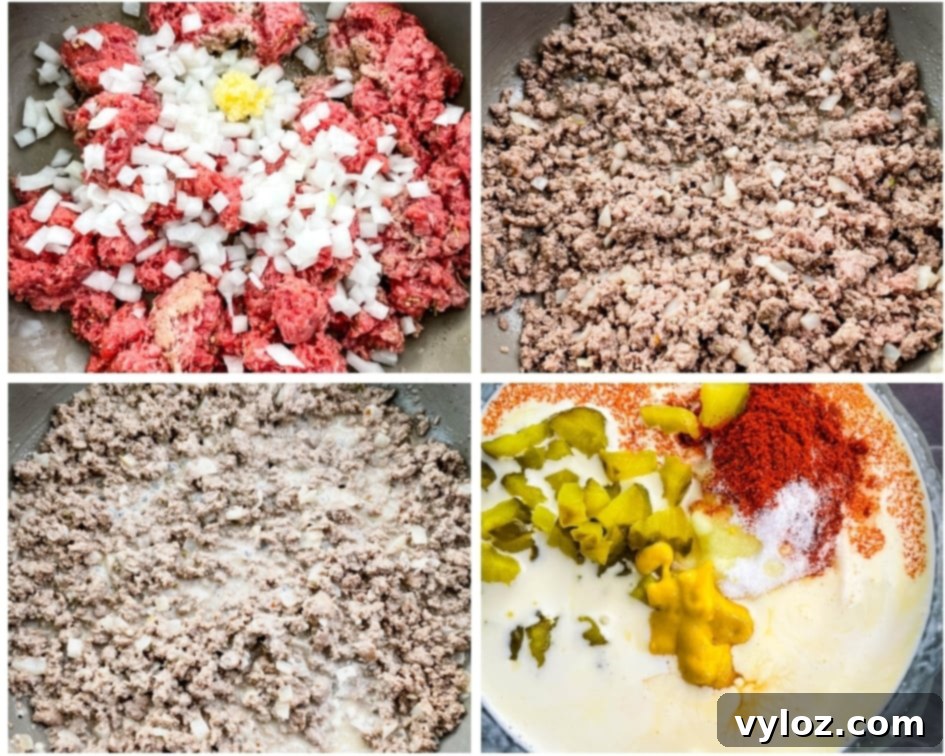 Big Mac Bake 5 A collage of four photos detailing the cooking process: browning ground beef, adding onions and seasonings, mixing in Worcestershire sauce and cream cheese, and the cooked mixture ready for the casserole dish.