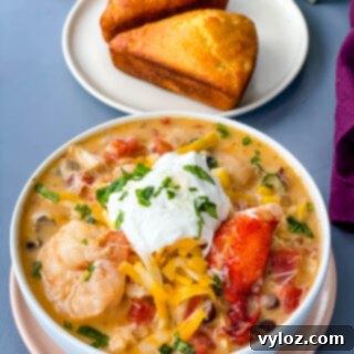 creamy seafood chili with shrimp and lobster in a white bowl, ready to be enjoyed.