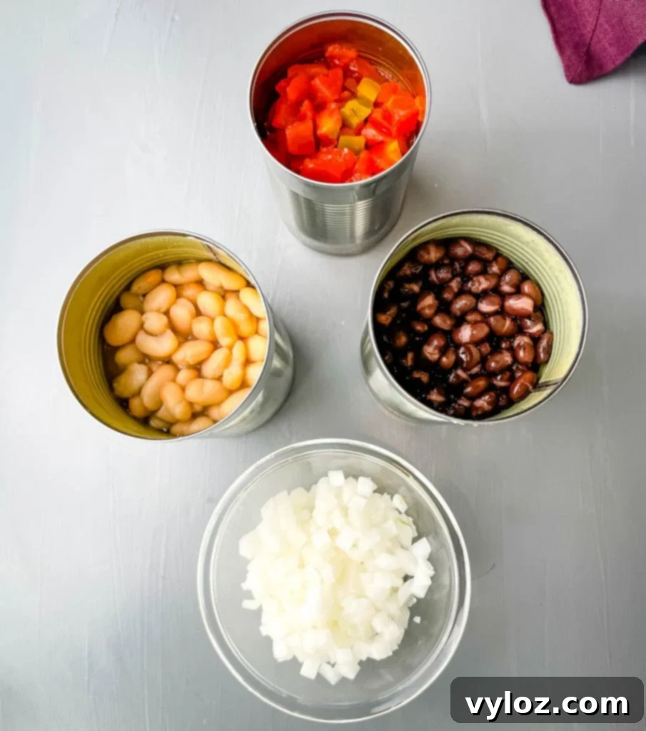 Ingredients for creamy seafood chili neatly arranged, including canned Great Northern beans, black beans, Rotel diced tomatoes with green chiles, and freshly chopped onions.