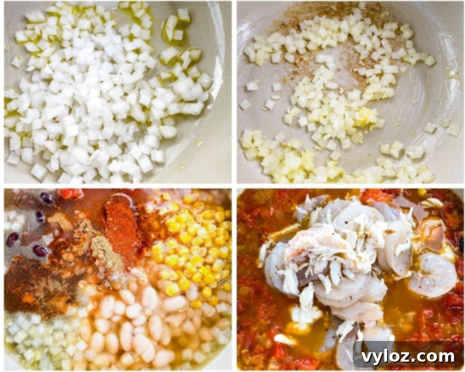A collage showing the cooking process of creamy seafood chili, with images of sautéing onions and garlic, and the chili simmering in a Dutch oven.