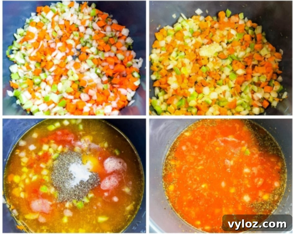 Collage showing steps for making Instant Pot tomato soup: sautéing vegetables, then adding broth and tomatoes
