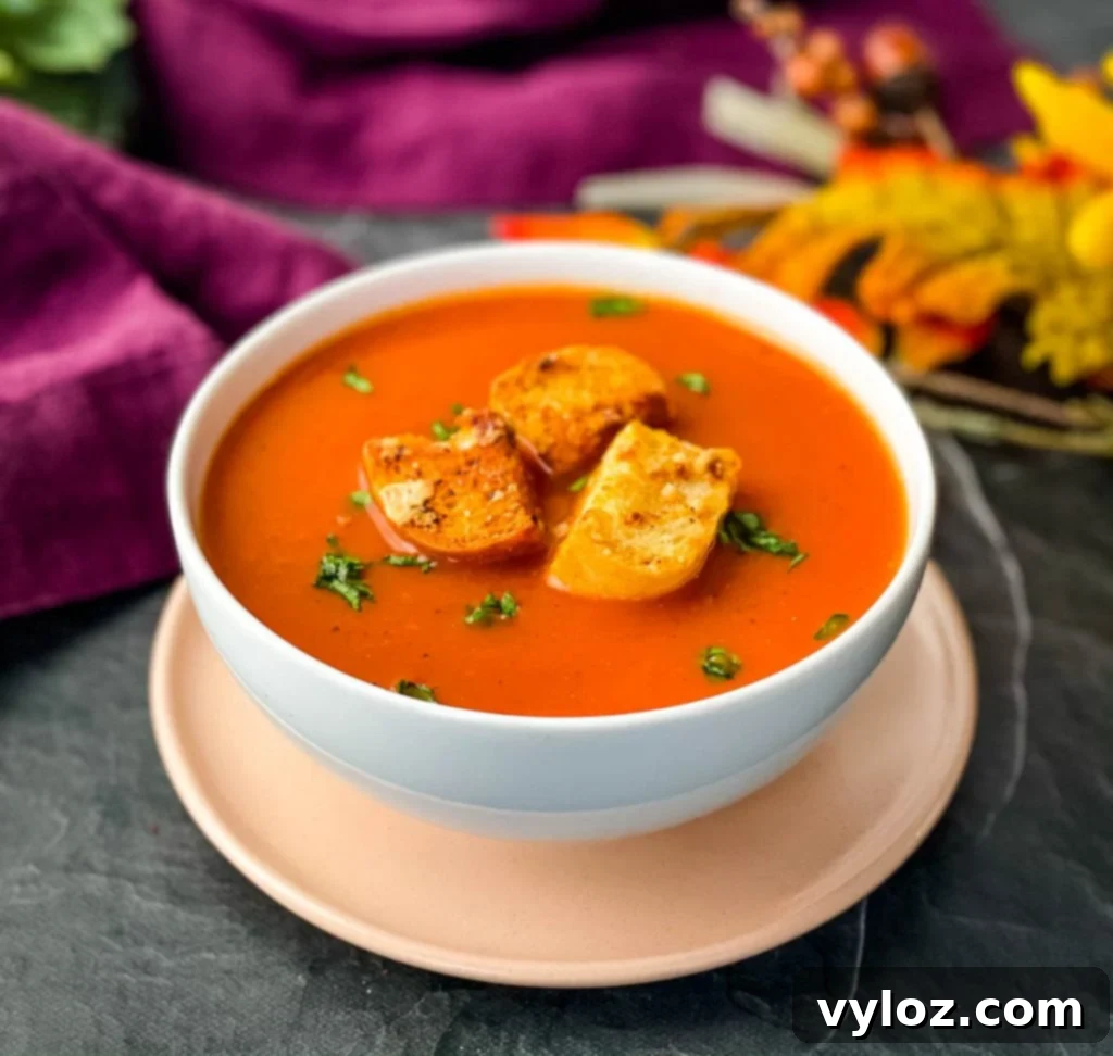 Instant Pot tomato soup in a white bowl with various garnishes