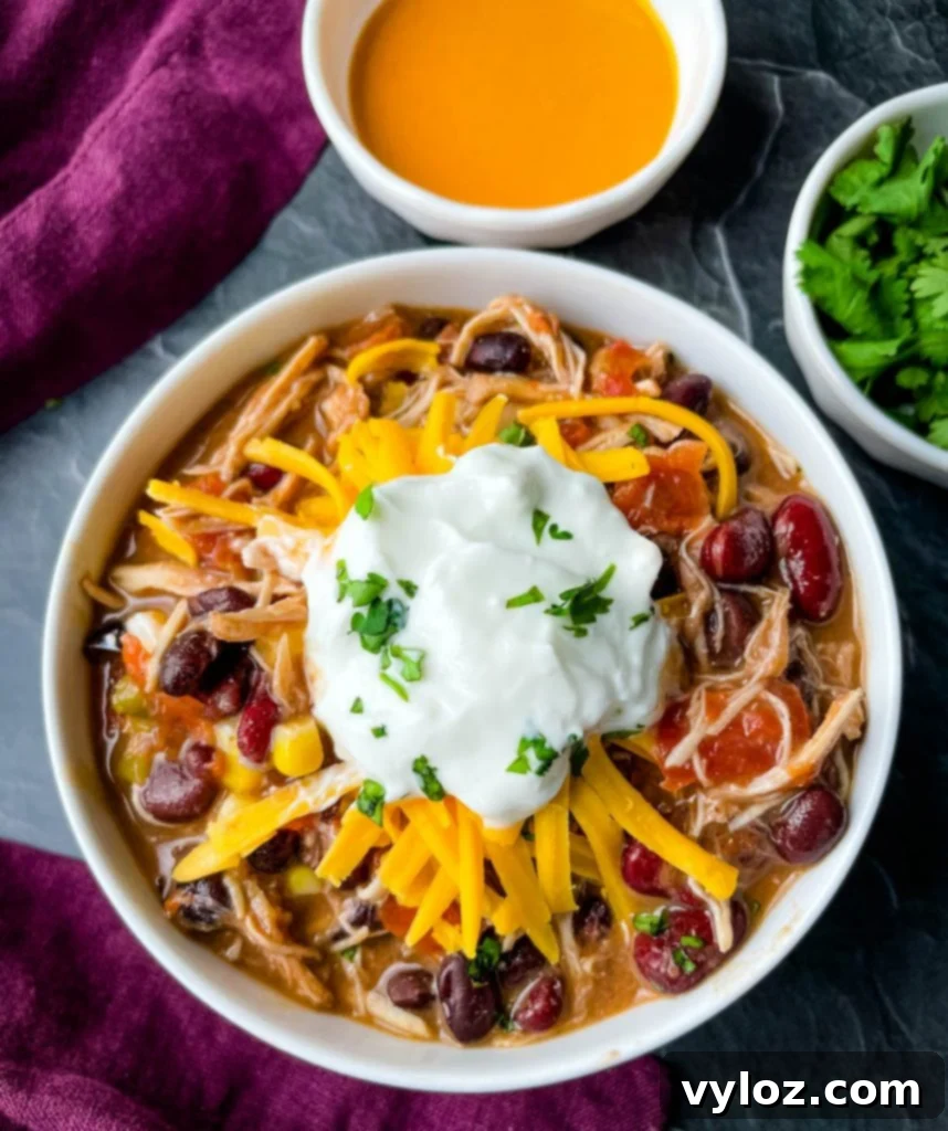 Tangy Buffalo Chicken Chili 9 A vibrant bowl of buffalo chicken chili, garnished with a generous amount of shredded cheese and a dollop of cooling sour cream, ready to be enjoyed.